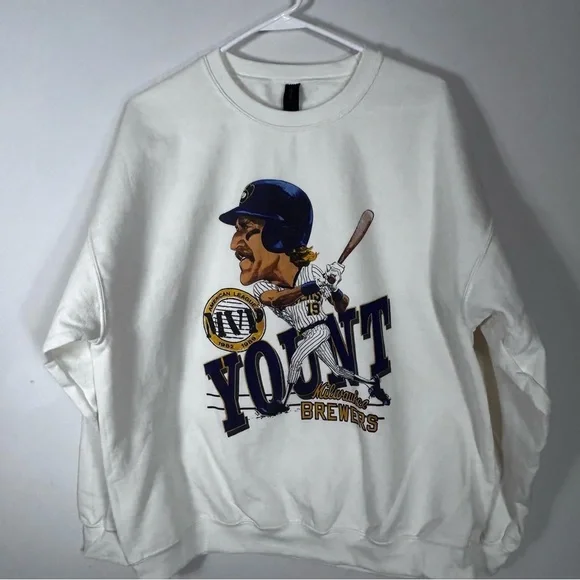 Milwaukee Brewers MVP Robin Yount #19 Men's Sweatshirt Cream Blue Size XL NWOT - Picture 1 of 8